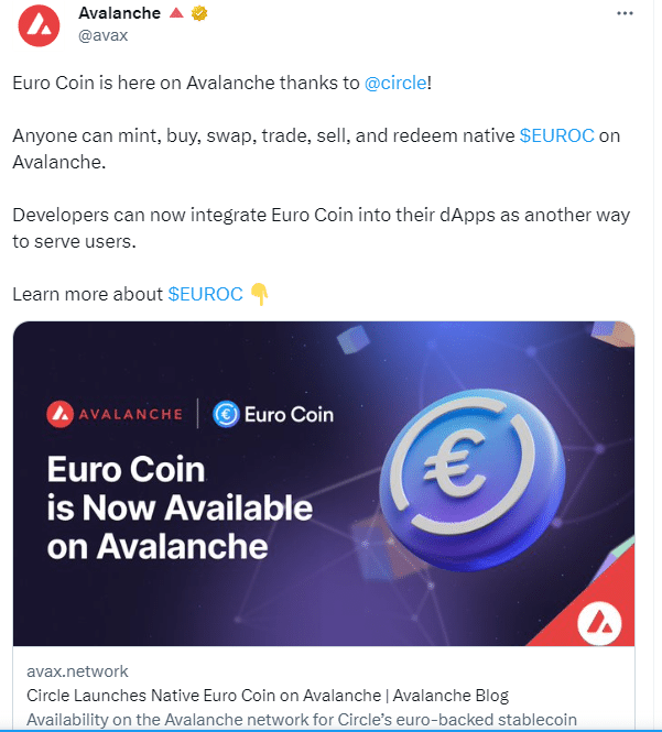 Euro coin (EUROC) now live on the Avalanche blockchain - 1