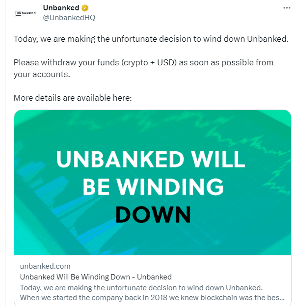 Crypto fintech Unbanked shuts down amid US regulatory hurdle - 1