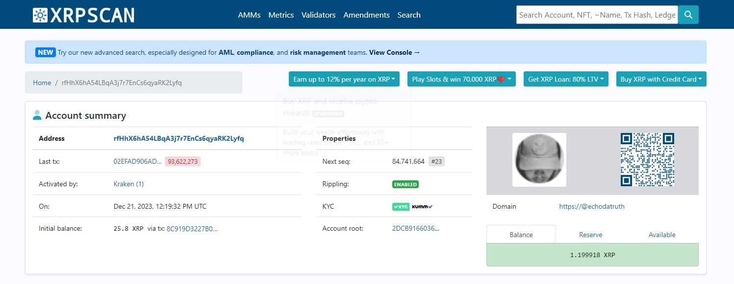 Crypto Scam: Screenshot of an XRPScan account summary page for the XRP address "rfHhX6hA54LBqA3j7r7EnCs6qyaRK2Lyfq". The page displays details such as the last transaction, activation date by Kraken, initial balance, and the current account properties. It shows a KYC verification via Xumm and highlights that Rippling is enabled. The available balance is 1.199918 XRP.